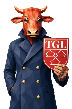 Ein stilisierter Chef mit Kuhmaske präsentiert stolz das TGL-Logo, kreativ und modern für die Werbeagentur madmoses.