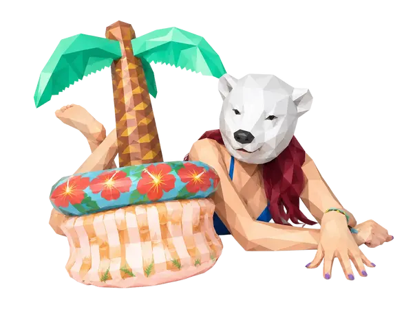 Eine kreative Darstellung mit einem Bärenkopf auf einer Schwimminsel, die modernes Webdesign von madmoses zeigt.