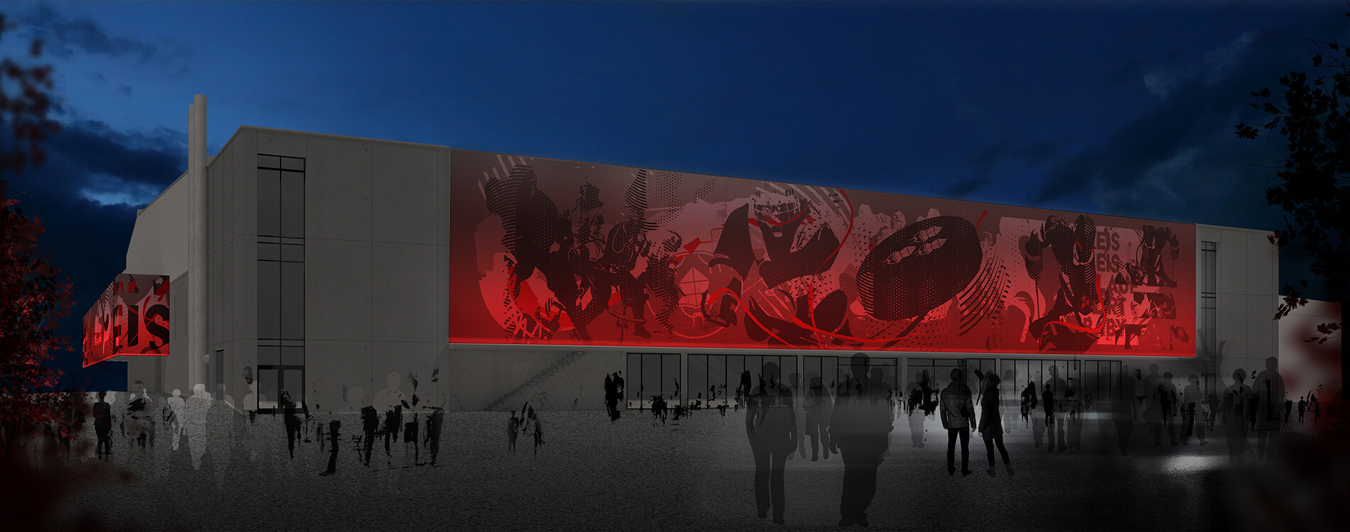 Das Bild zeigt ein Design Der Außenfassade Landshuter Eishockey Halle bei Nacht Das Bild zeigt ein Design Der Außenfassade Landshuter Eishockey Halle bei Nacht